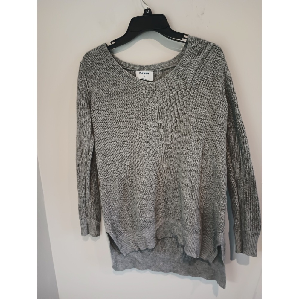 Old Navy Sweater Womens Medium M Gray Knit V Neck High Low Long Sleeve Cotton